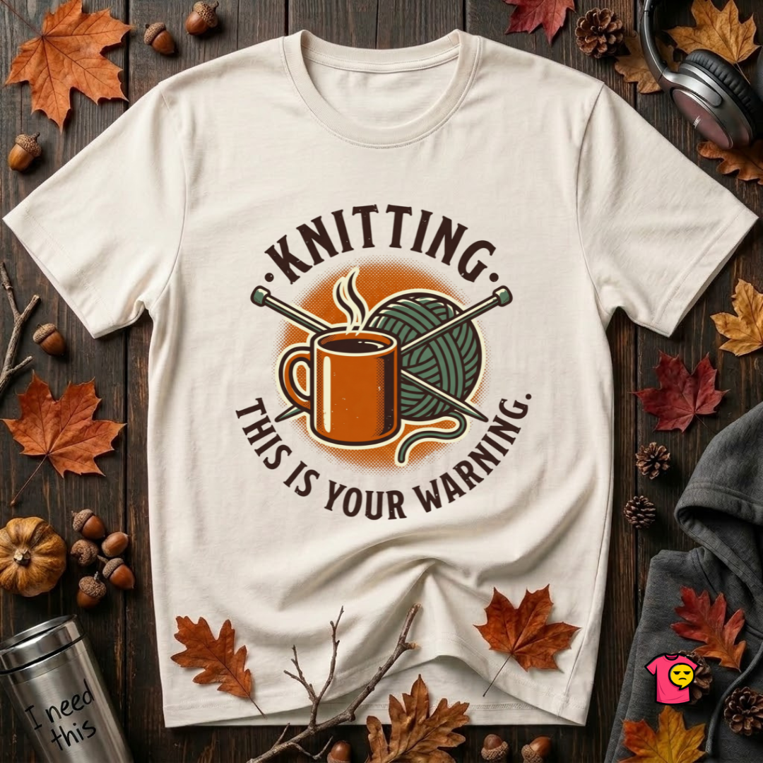 Knitting. This is Your Warning. sarcastic graphic t-shirt in White by Snarky Sarks