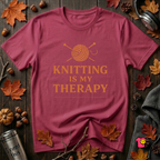 Knitting is my Therapy sarcastic graphic t-shirt in Cardinal by Snarky Sarks