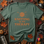 Knitting is my Therapy sarcastic graphic t-shirt in Heather Forest by Snarky Sarks