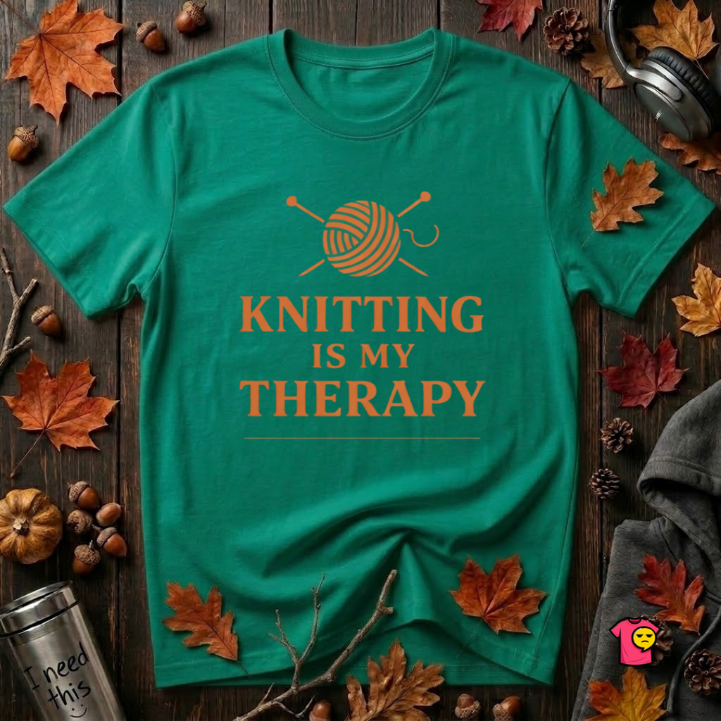Knitting is my Therapy sarcastic graphic t-shirt in Heather Kelly by Snarky Sarks