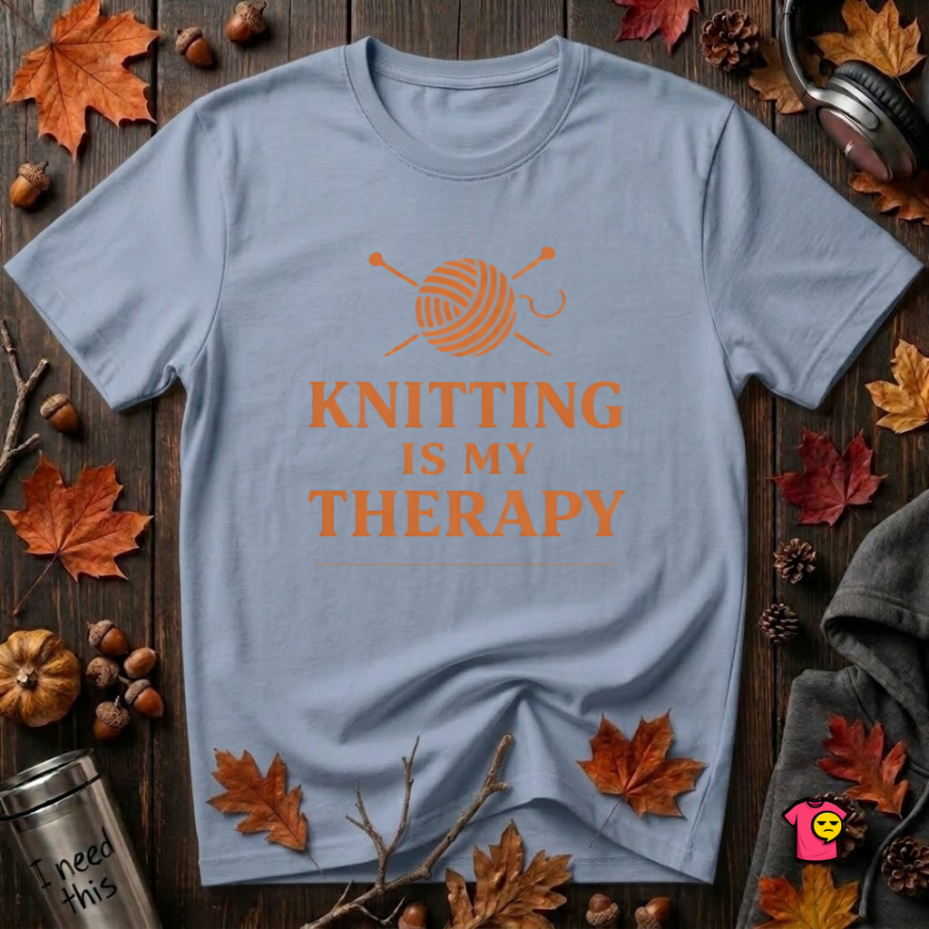 Knitting is my Therapy sarcastic graphic t-shirt in Heather Prism Blue by Snarky Sarks