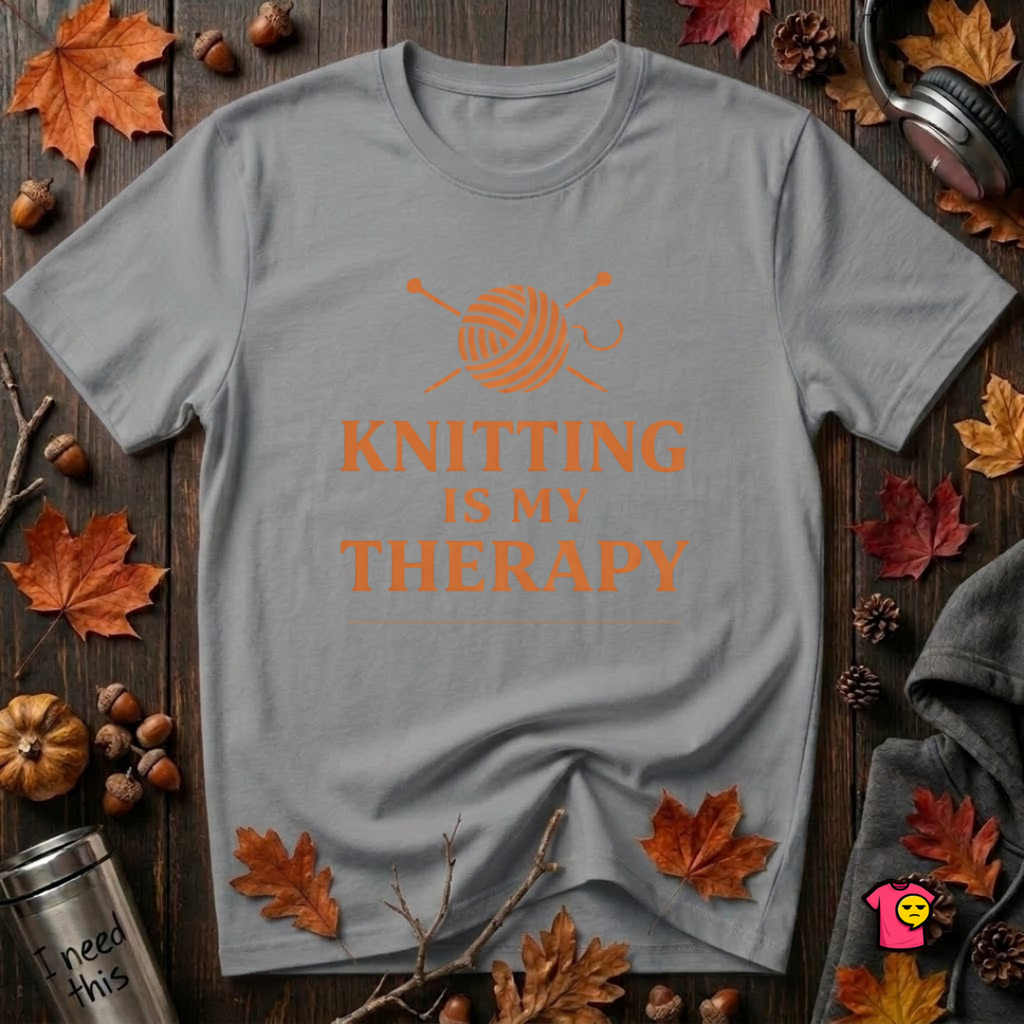 Knitting is my Therapy sarcastic graphic t-shirt in Heather Storm by Snarky Sarks
