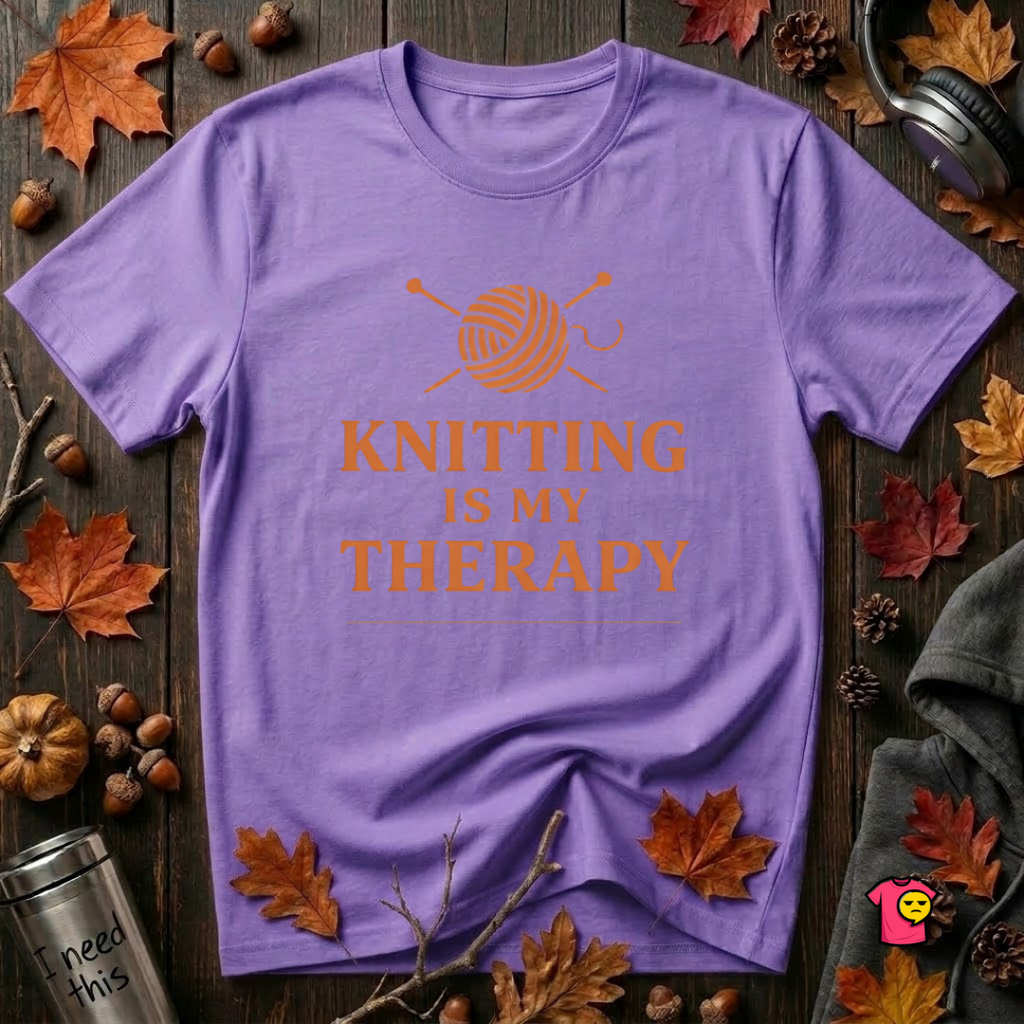 Knitting is my Therapy sarcastic graphic t-shirt in Heather Team Purple by Snarky Sarks