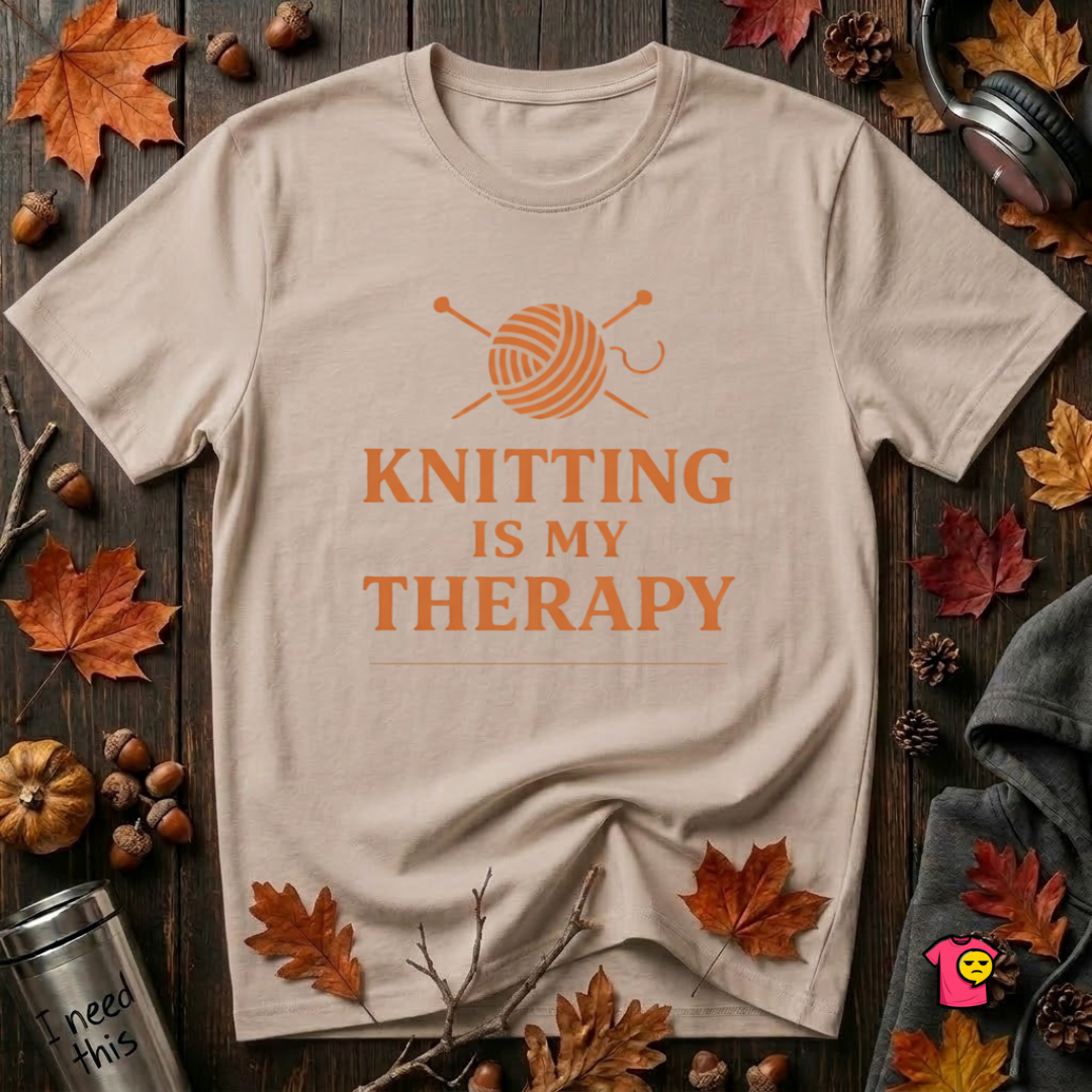 Knitting is my Therapy sarcastic graphic t-shirt in Natural by Snarky Sarks