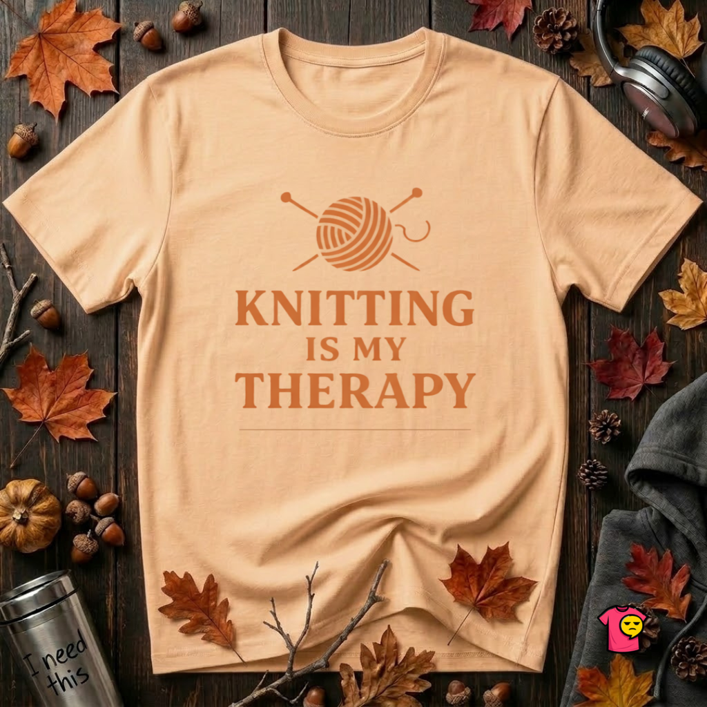 Knitting is my Therapy sarcastic graphic t-shirt in Peach by Snarky Sarks