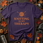 Knitting is my Therapy sarcastic graphic t-shirt in Purple by Snarky Sarks