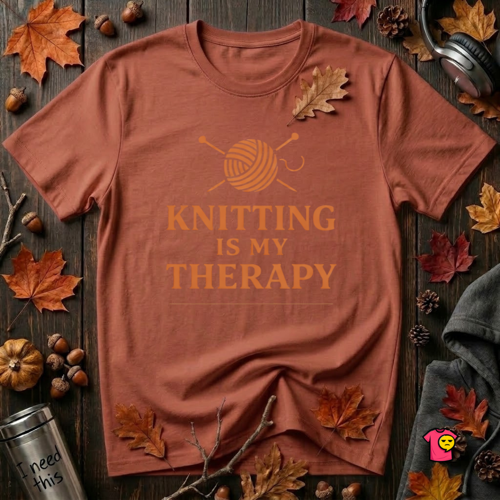 Knitting is my Therapy sarcastic graphic t-shirt in Rust by Snarky Sarks