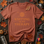 Knitting is my Therapy sarcastic graphic t-shirt in Rust by Snarky Sarks