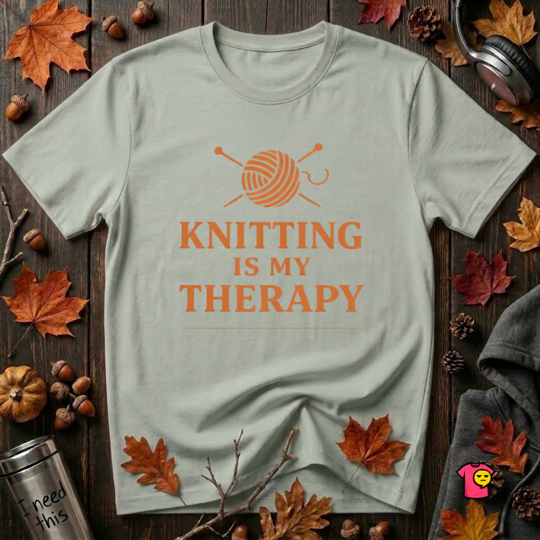 Knitting is my Therapy sarcastic graphic t-shirt in Sage by Snarky Sarks