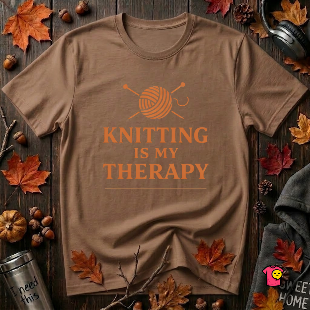 Knitting is my Therapy sarcastic graphic t-shirt in Sand Dune by Snarky Sarks