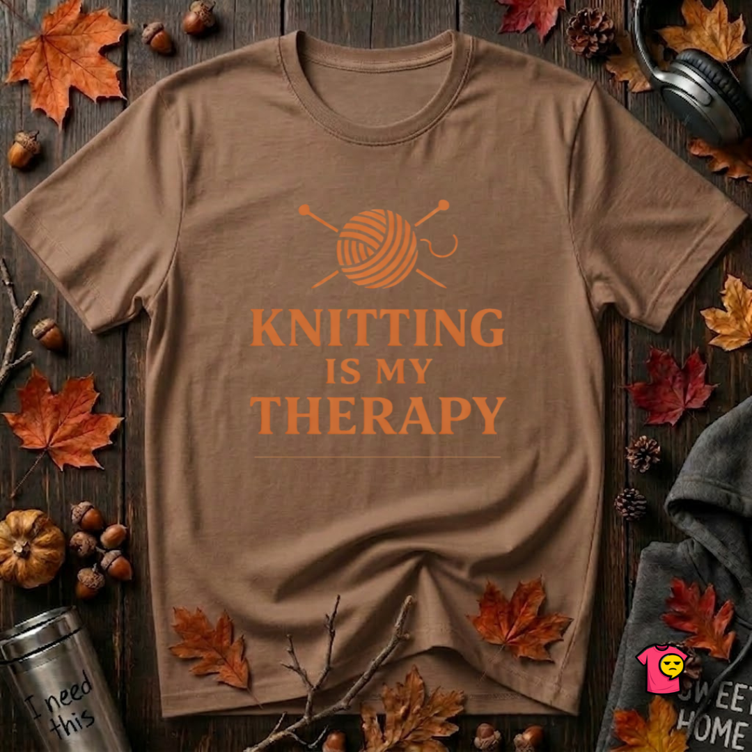 Knitting is my Therapy sarcastic graphic t-shirt in Sand Dune by Snarky Sarks