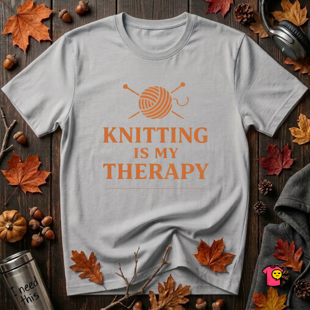 Knitting is my Therapy sarcastic graphic t-shirt in Solid Athletic Gray by Snarky Sarks