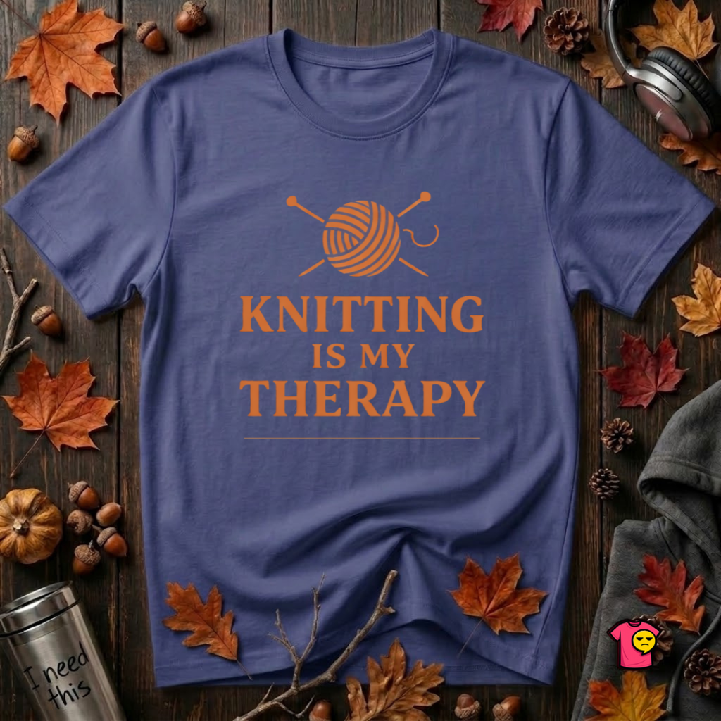 Knitting is my Therapy sarcastic graphic t-shirt in Team Navy by Snarky Sarks
