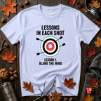 Lessons in Each Shot sarcastic graphic t-shirt in Ash by Snarky Sarks