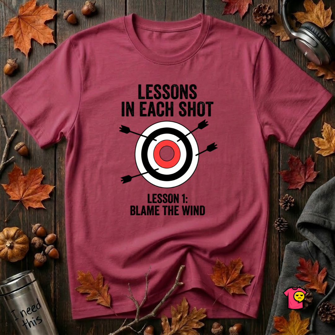 Lessons in Each Shot sarcastic graphic t-shirt in Cardinal by Snarky Sarks