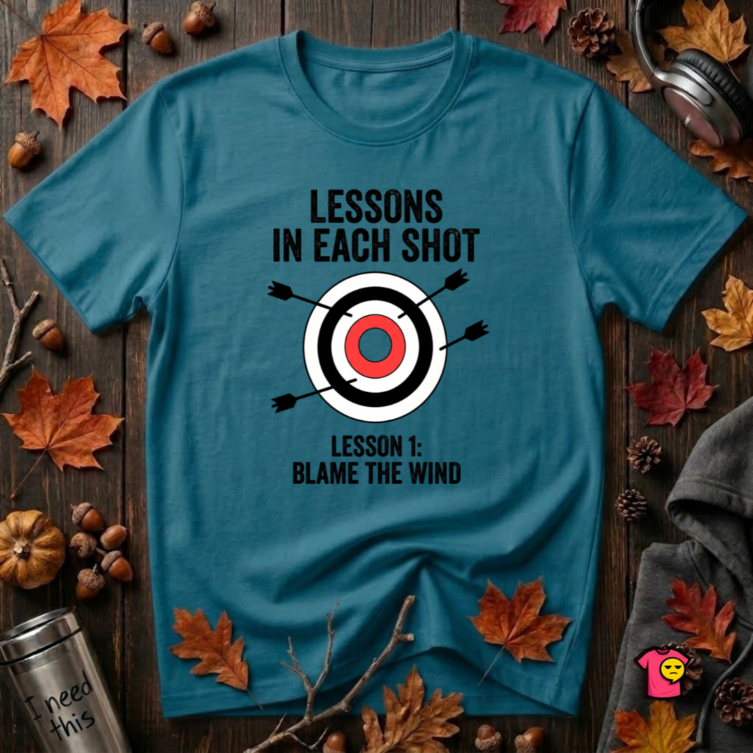 Lessons in Each Shot sarcastic graphic t-shirt in Deep Teal by Snarky Sarks