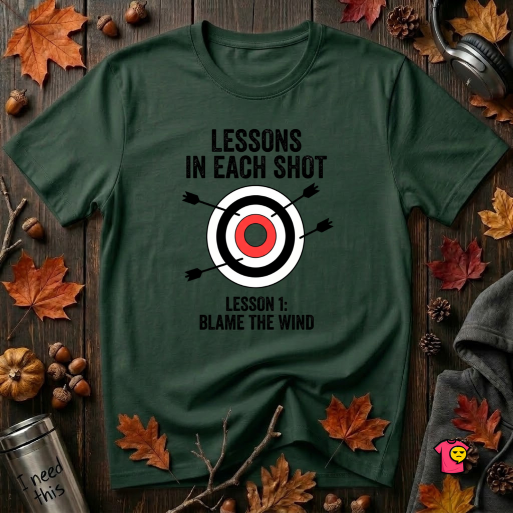 Lessons in Each Shot sarcastic graphic t-shirt in Forest by Snarky Sarks