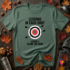 Lessons in Each Shot sarcastic graphic t-shirt in Heather Forest by Snarky Sarks