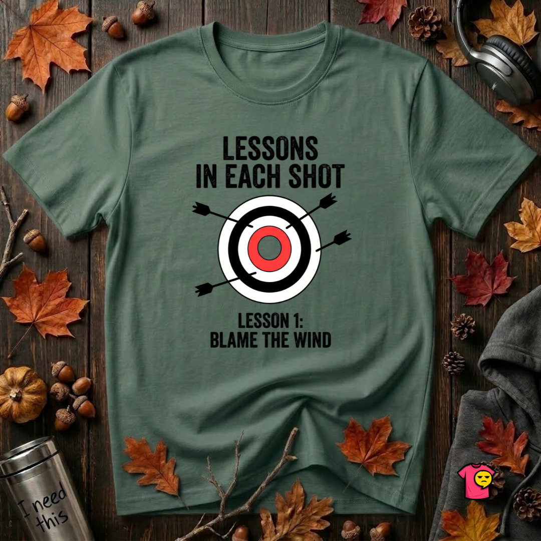 Lessons in Each Shot sarcastic graphic t-shirt in Heather Forest by Snarky Sarks