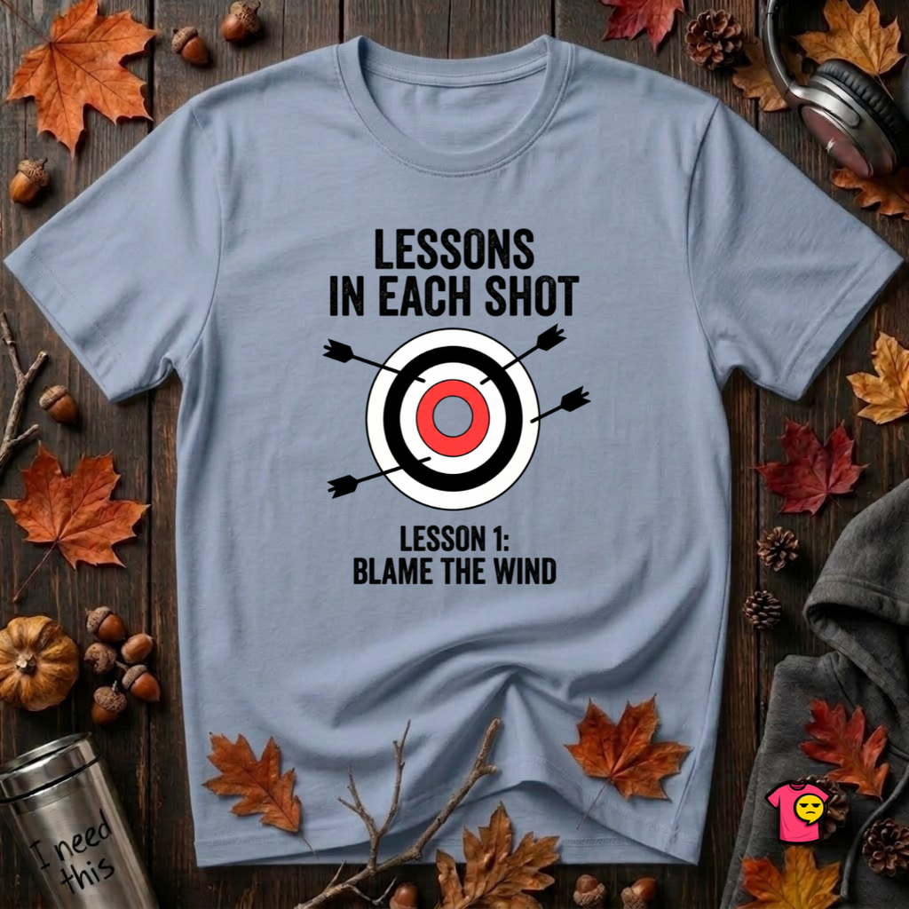 Lessons in Each Shot sarcastic graphic t-shirt in Heather Prism Blue by Snarky Sarks