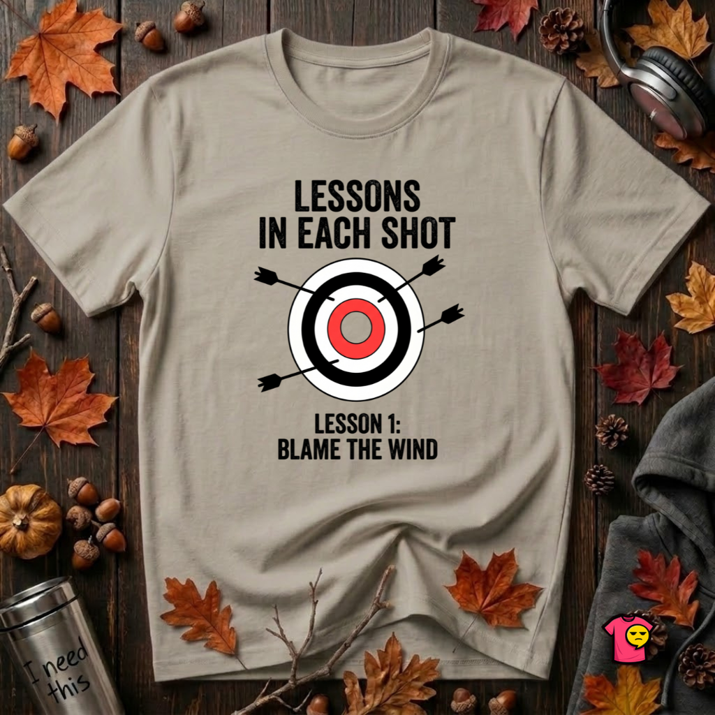 Lessons in Each Shot sarcastic graphic t-shirt in Heather Stone by Snarky Sarks