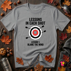 Lessons in Each Shot sarcastic graphic t-shirt in Heather Storm by Snarky Sarks