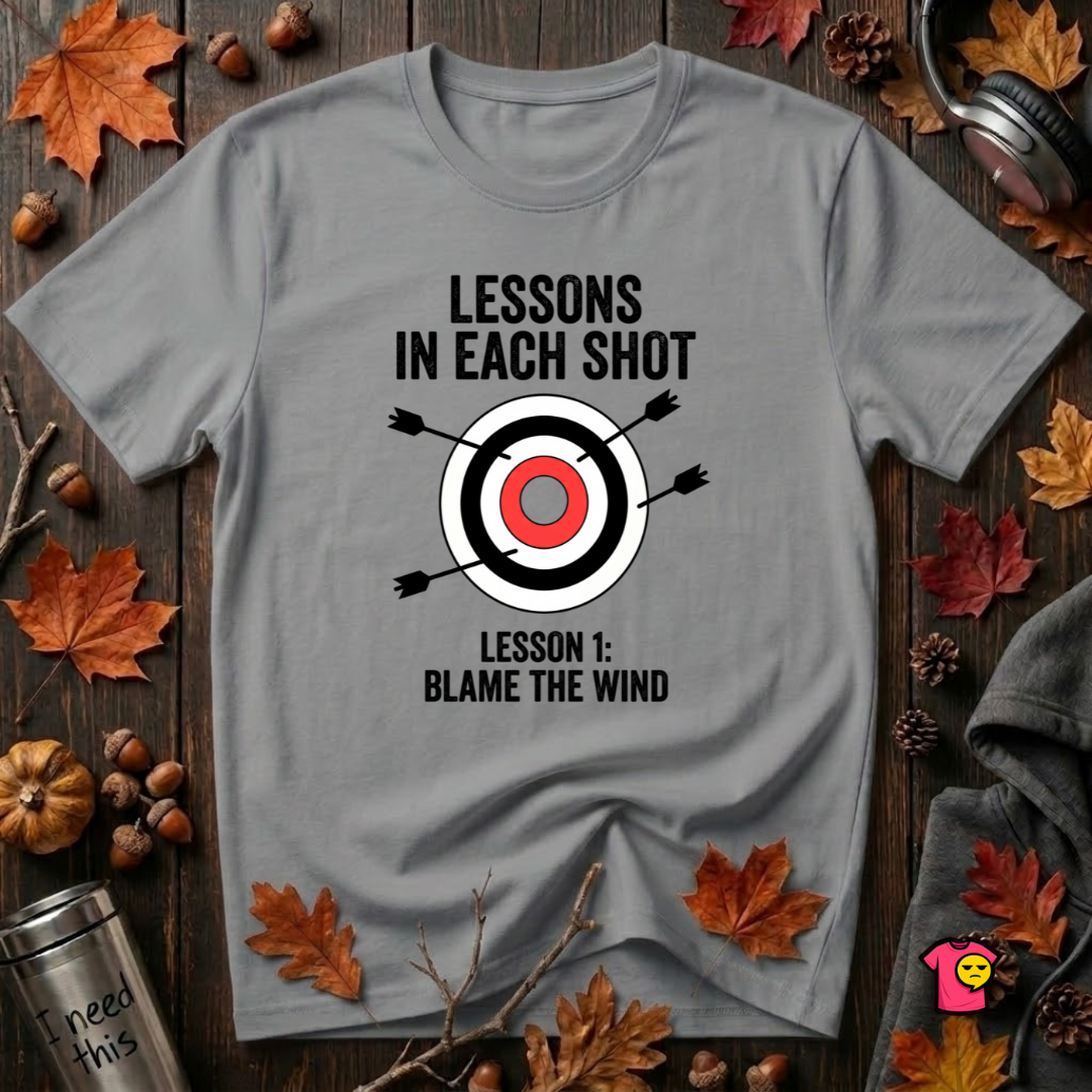 Lessons in Each Shot sarcastic graphic t-shirt in Heather Storm by Snarky Sarks