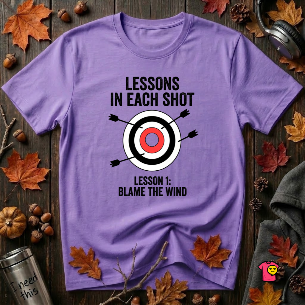 Lessons in Each Shot sarcastic graphic t-shirt in Heather Team Purple by Snarky Sarks