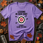 Lessons in Each Shot sarcastic graphic t-shirt in Heather Team Purple by Snarky Sarks