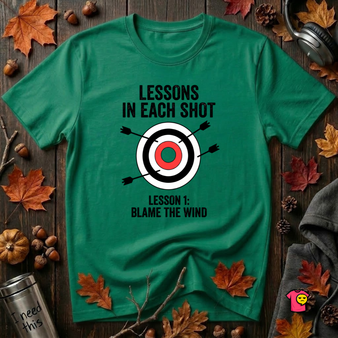 Lessons in Each Shot sarcastic graphic t-shirt in Kelly by Snarky Sarks