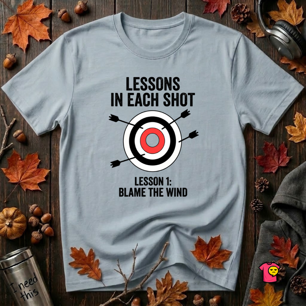 Lessons in Each Shot sarcastic graphic t-shirt in Light Blue by Snarky Sarks