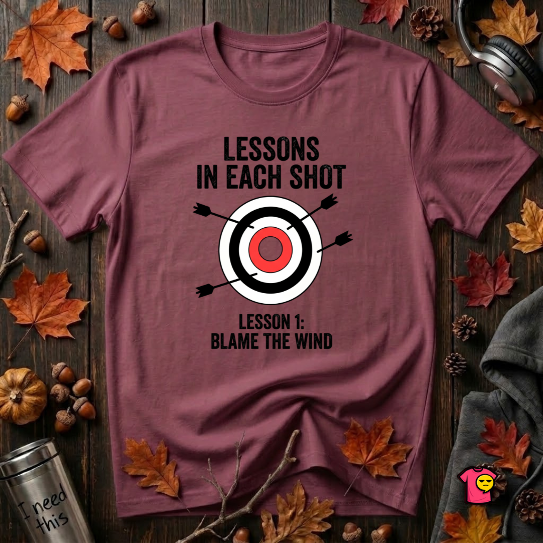 Lessons in Each Shot sarcastic graphic t-shirt in Maroon by Snarky Sarks