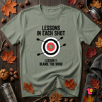 Lessons in Each Shot sarcastic graphic t-shirt in Military Green by Snarky Sarks