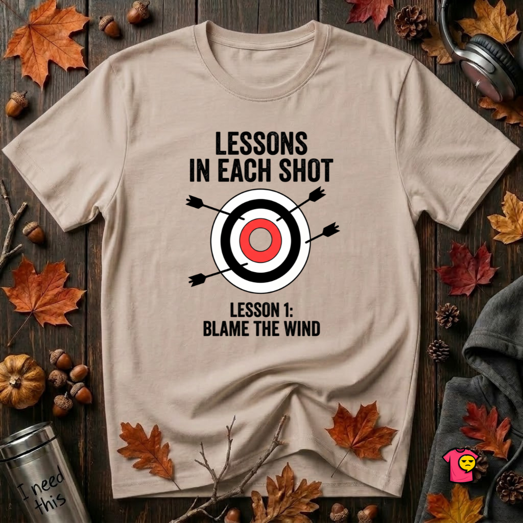 Lessons in Each Shot sarcastic graphic t-shirt in Natural by Snarky Sarks