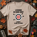 Lessons in Each Shot sarcastic graphic t-shirt in Natural by Snarky Sarks