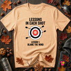 Lessons in Each Shot sarcastic graphic t-shirt in Peach by Snarky Sarks