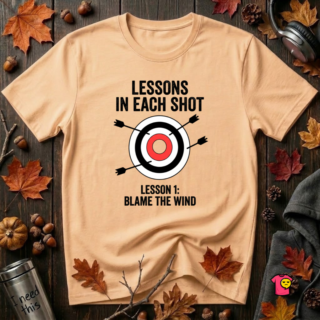 Lessons in Each Shot sarcastic graphic t-shirt in Peach by Snarky Sarks