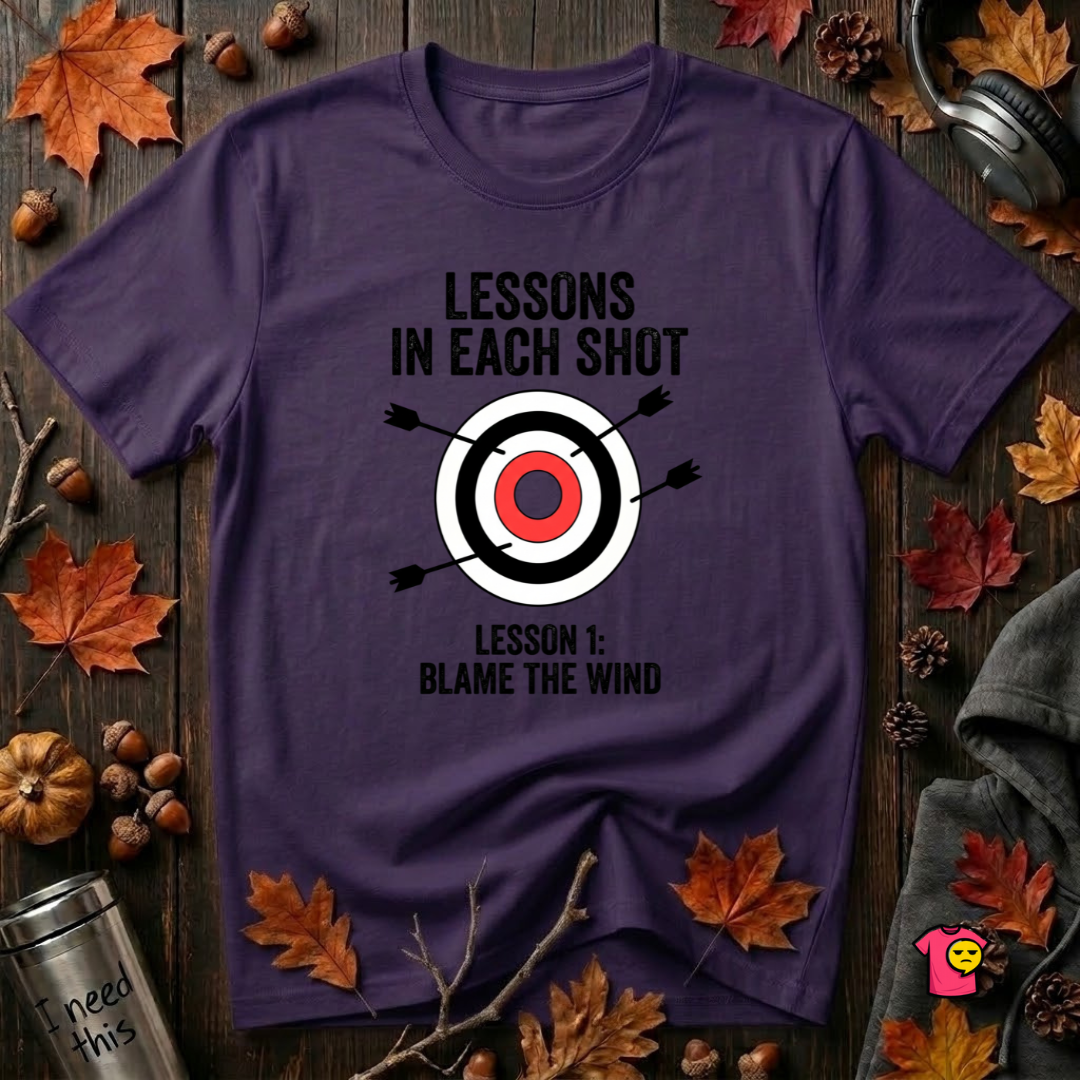 Lessons in Each Shot sarcastic graphic t-shirt in Purple by Snarky Sarks