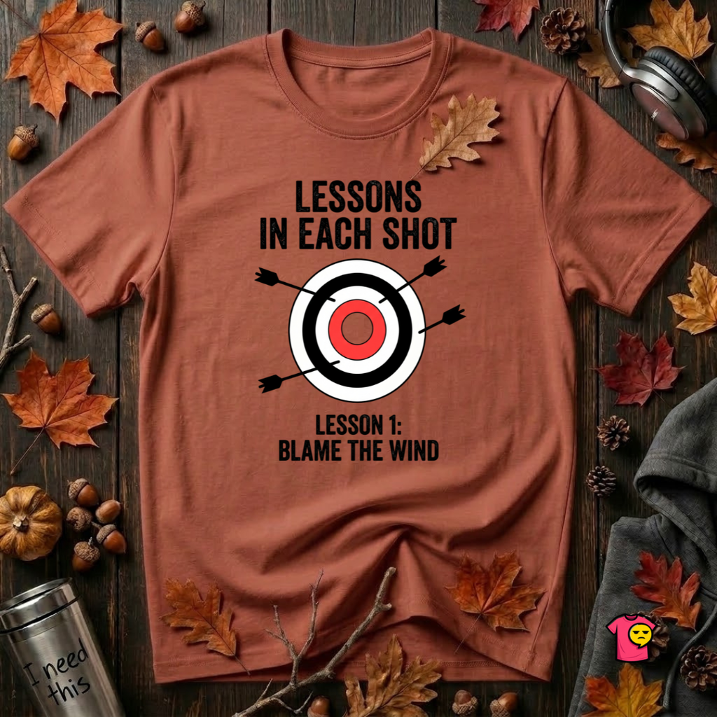 Lessons in Each Shot sarcastic graphic t-shirt in Rust by Snarky Sarks
