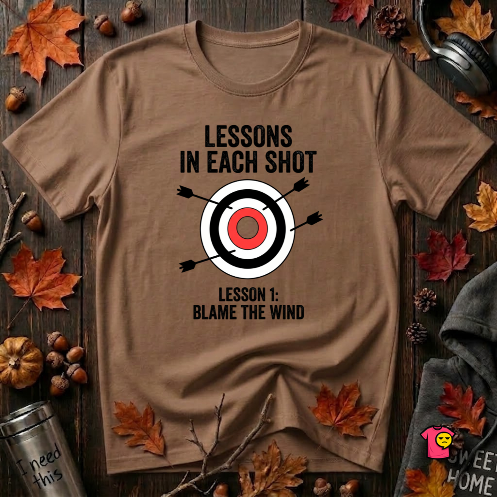 Lessons in Each Shot sarcastic graphic t-shirt in Sand Dune by Snarky Sarks