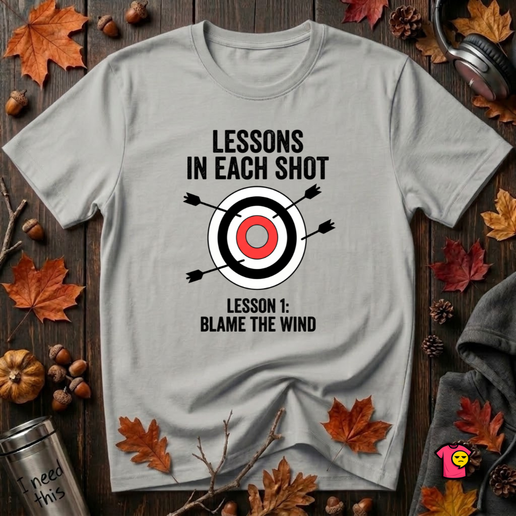 Lessons in Each Shot sarcastic graphic t-shirt in Silver by Snarky Sarks