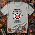 Lessons in Each Shot sarcastic graphic t-shirt in Silver by Snarky Sarks