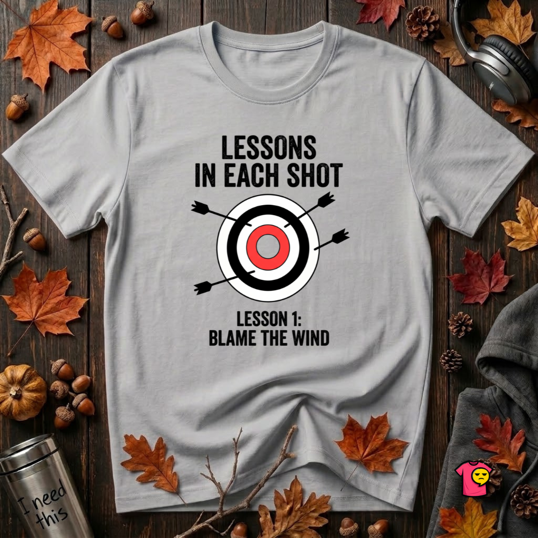 Lessons in Each Shot sarcastic graphic t-shirt in Solid Athletic Gray by Snarky Sarks