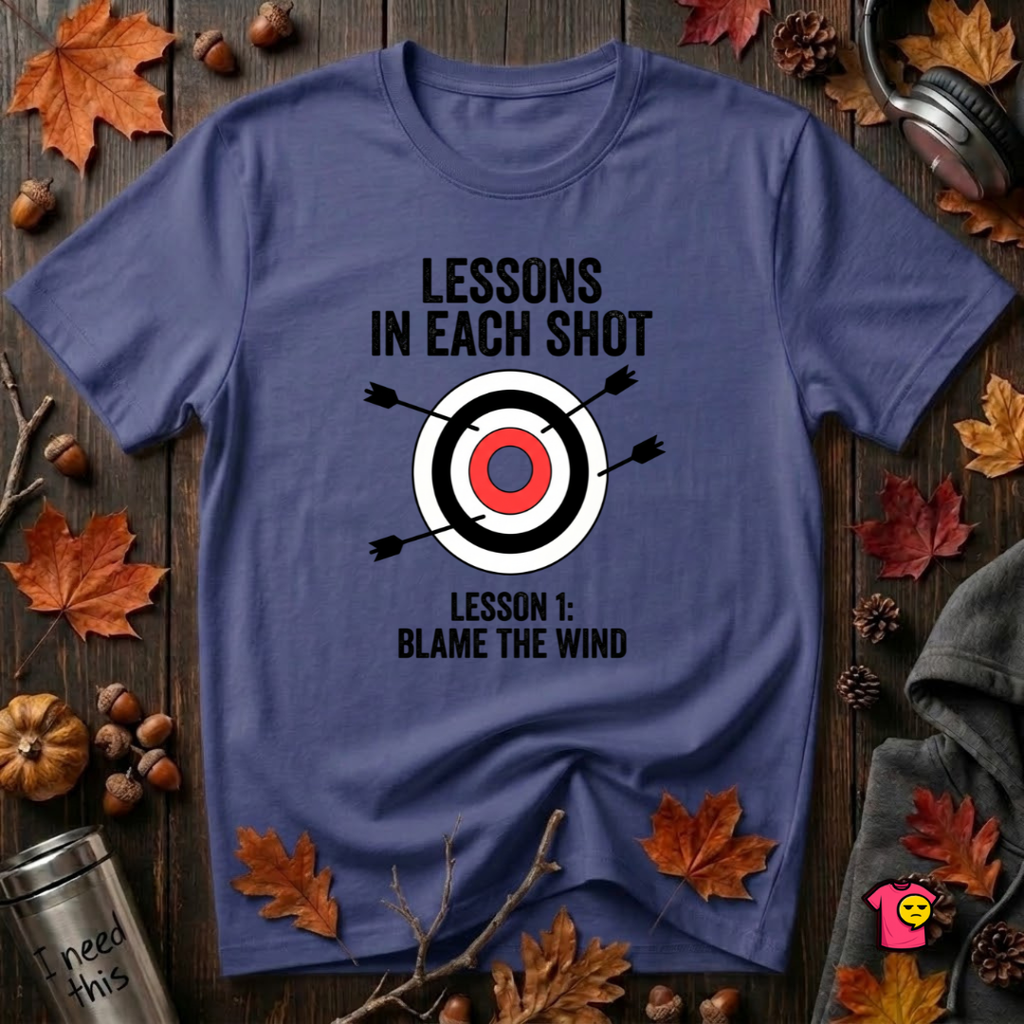 Lessons in Each Shot sarcastic graphic t-shirt in Team Navy by Snarky Sarks