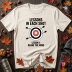 Lessons in Each Shot sarcastic graphic t-shirt in White by Snarky Sarks