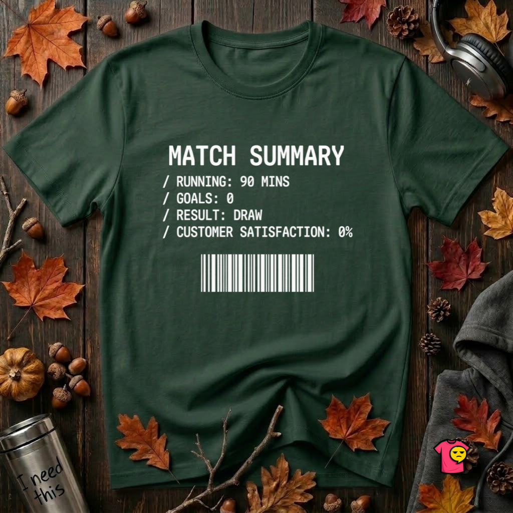 Match Summary -- 0% Satisfaction sarcastic graphic t-shirt in Forest by Snarky Sarks