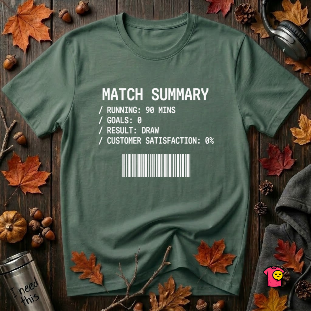 Match Summary -- 0% Satisfaction sarcastic graphic t-shirt in Heather Forest by Snarky Sarks