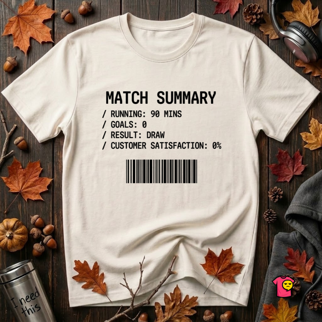 Match Summary -- 0% Satisfaction sarcastic graphic t-shirt in White by Snarky Sarks