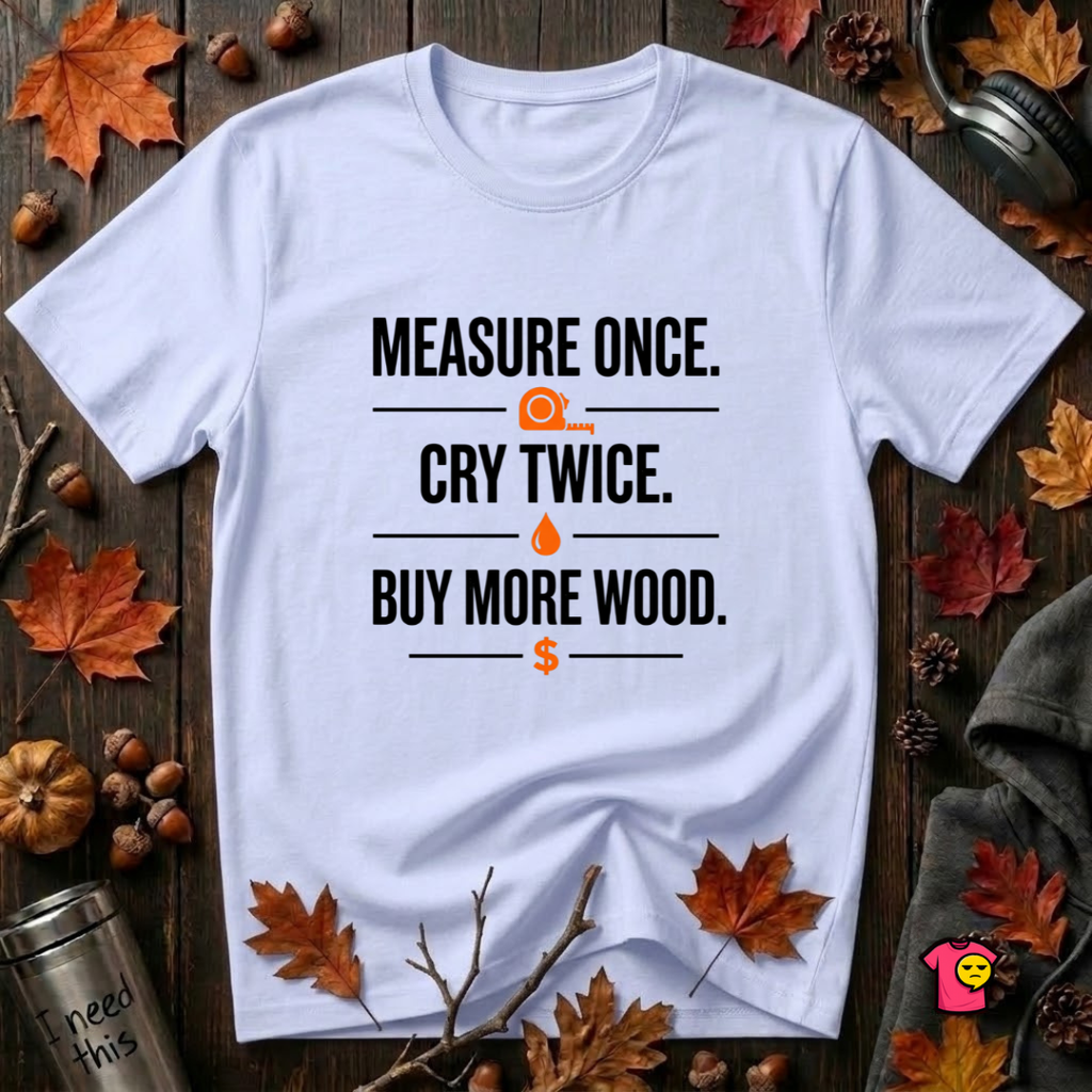 Measure Once. Cry Twice. Buy More Wood sarcastic woodworking t-shirt in Ash by Snarky Sarks