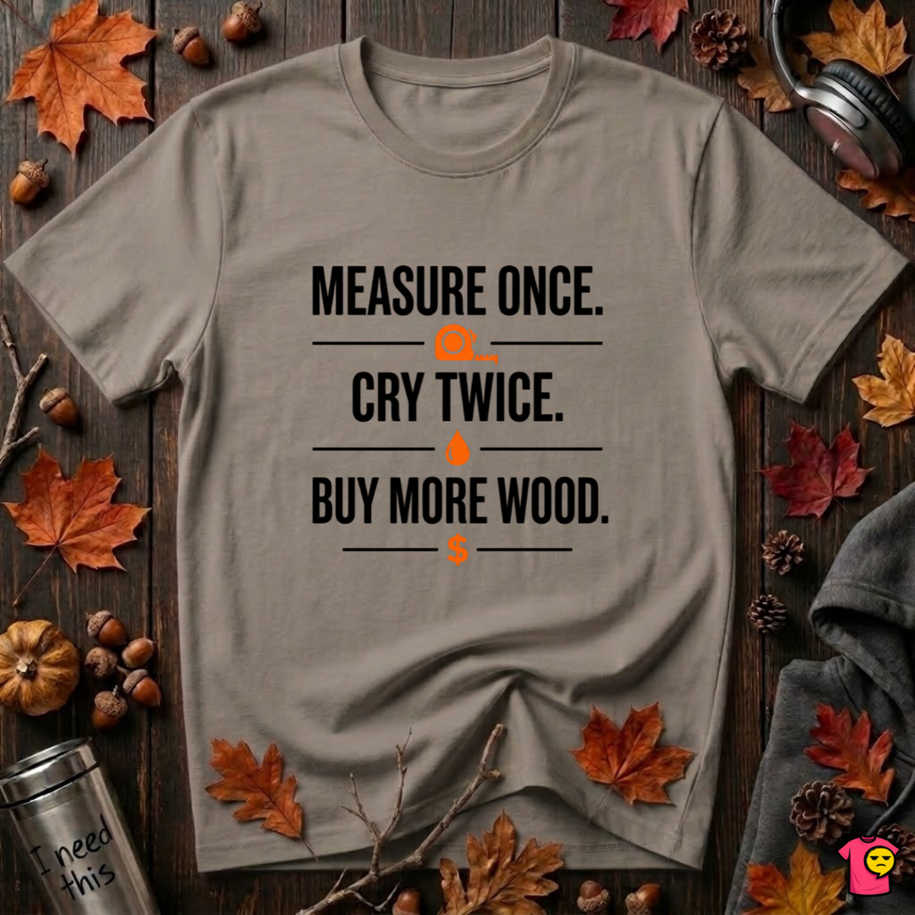 Measure Once. Cry Twice. Buy More Wood sarcastic woodworking t-shirt in Asphalt by Snarky Sarks